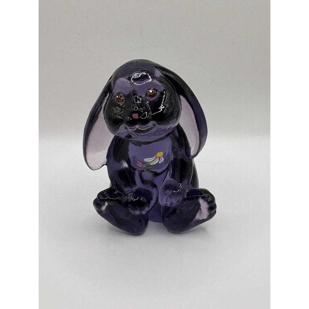 Fenton Art Glass Sweet Lop-Eared Bunny Purple Hand Painted Daisies Signed